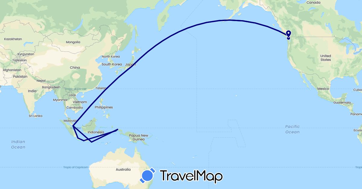 TravelMap itinerary: driving in Canada, Indonesia, Japan, Singapore (Asia, North America)
